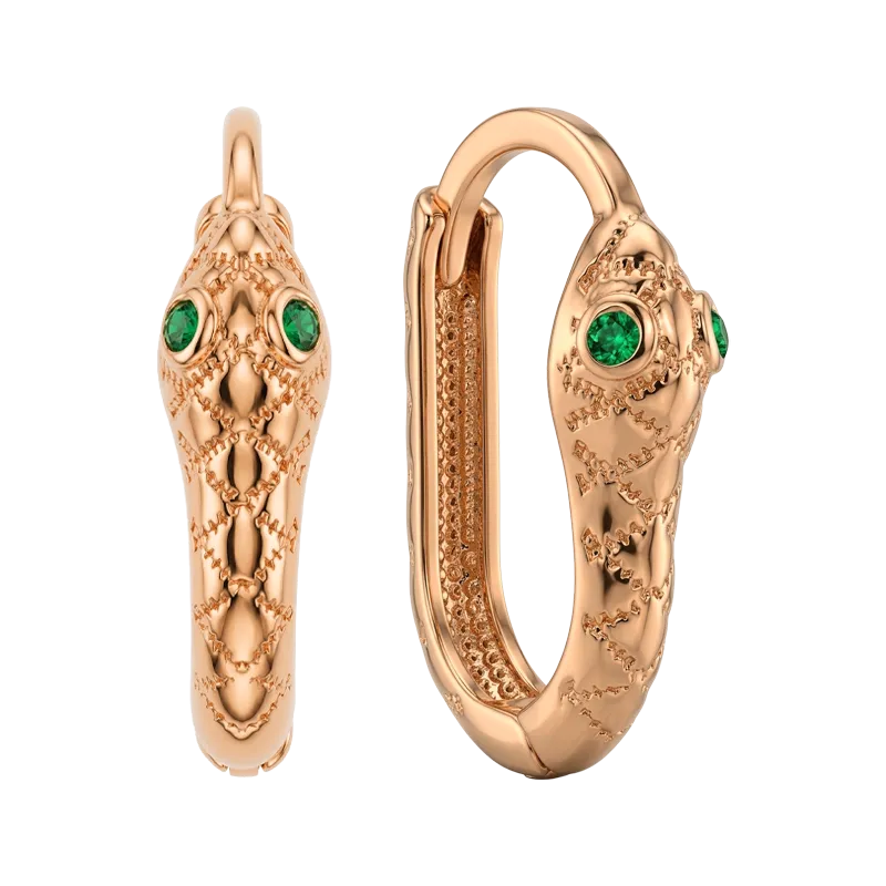 Серьги-конго «Змея» из красного золота 585° с зелёным фианитом